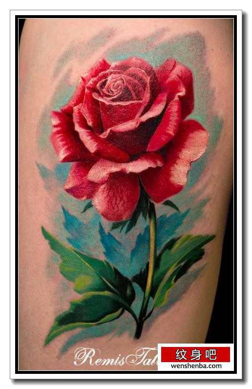 手臂精致的彩色写实的玫瑰花纹身
