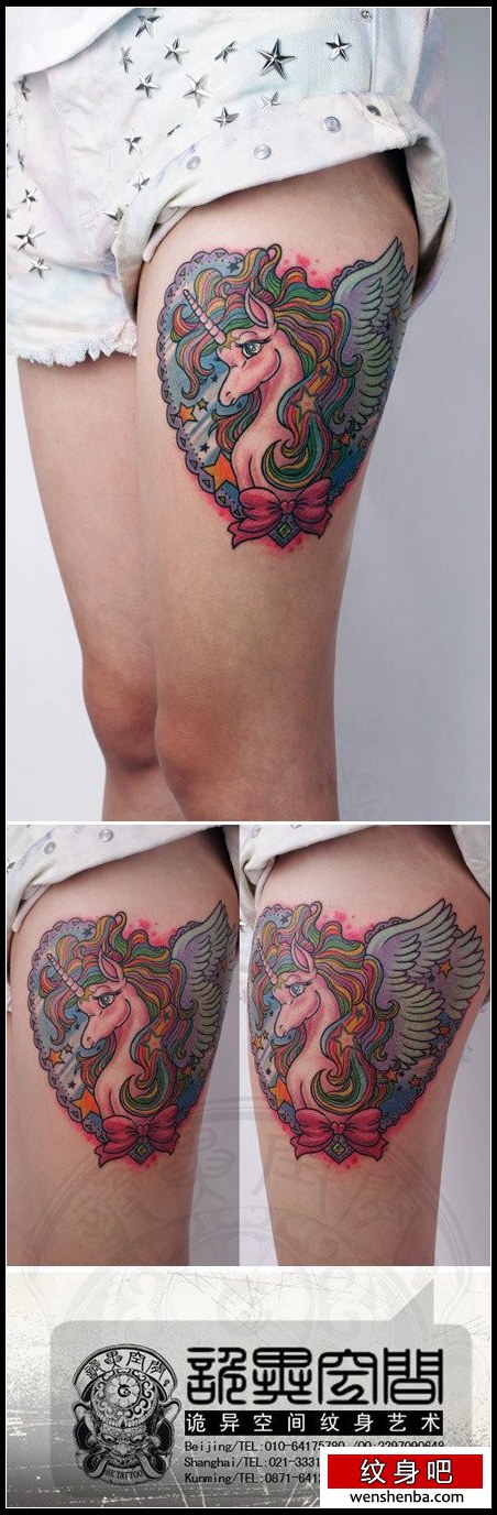 女人腿部漂亮精致的彩色独角兽纹身