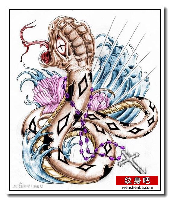 一张个性权威的彩色蛇纹身手稿