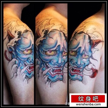 男性手臂时髦的一张彩色般若纹身