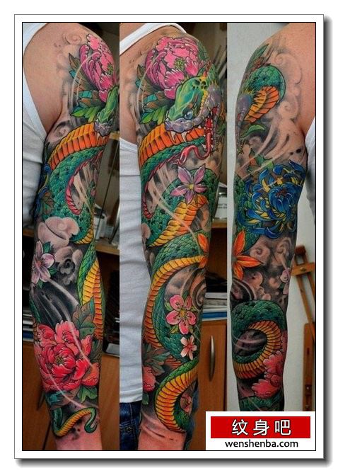 帅气漂亮的彩色花臂蛇纹身图案