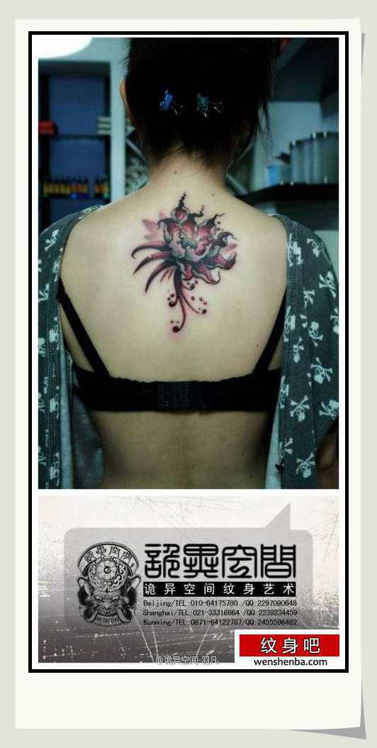女人后背个性精致的莲花纹身