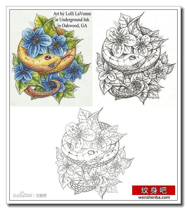 一张彩色小蛇与花卉纹身手稿