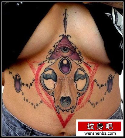 女人腹部个性时髦的全视之眼纹身