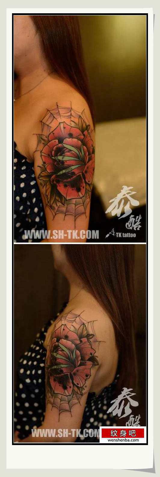 女人手臂精致时髦的玫瑰花纹身