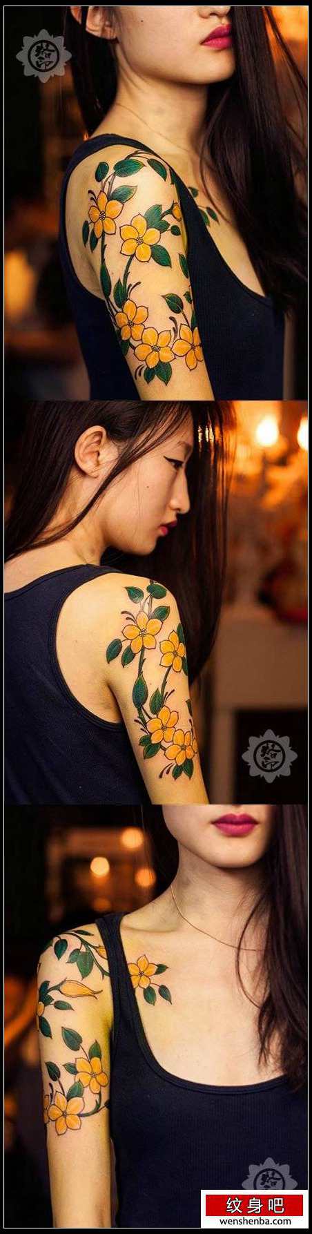 女人手臂漂亮精致的花卉纹身