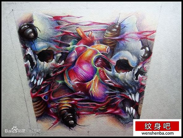 个性时髦的欧美彩色心脏与骷髅纹身手稿