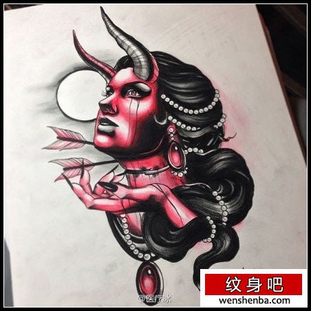 时髦很帅的一张靓女恶魔纹身手稿
