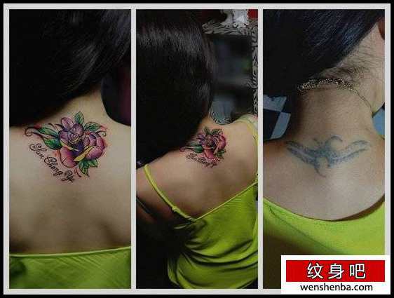女人后背的玫瑰花纹身