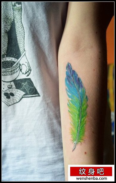 女人手臂漂亮的彩色羽毛纹身