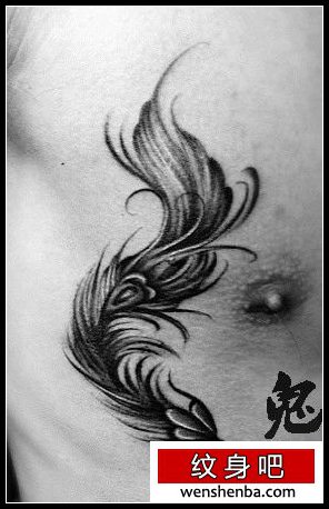 胸部一张黑白羽毛纹身