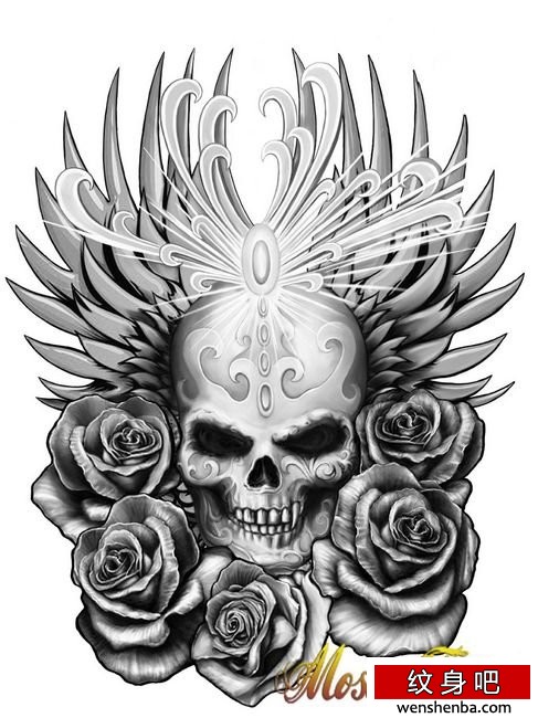 一张帅气的骷髅与玫瑰花纹身