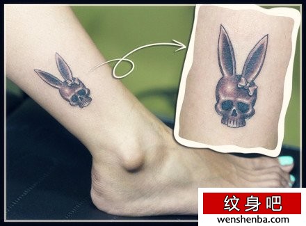 女人腿部一张兔耳朵的骷髅纹身