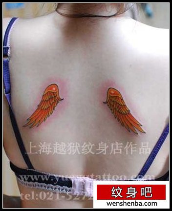 靓女背部漂亮的彩色小翅膀纹身