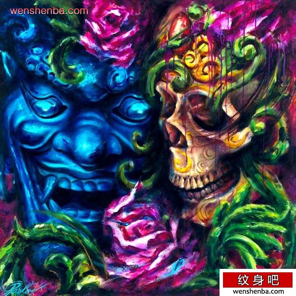 色彩很抢眼的骷髅般若纹身