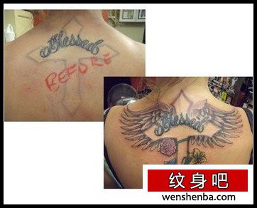 后颈部十字架翅膀纹身