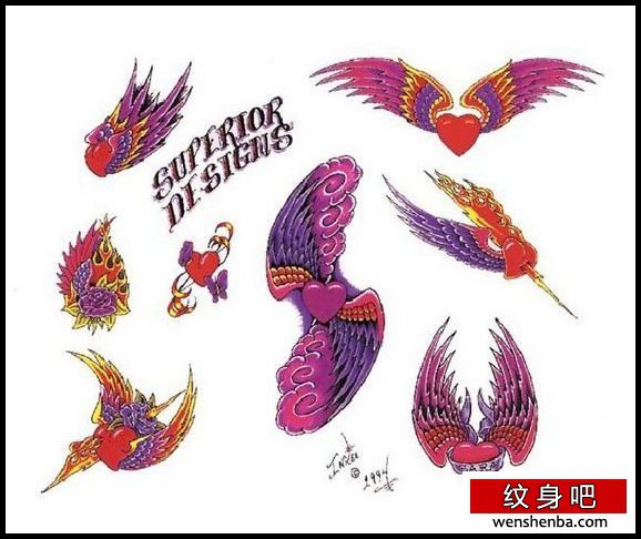 纹身彩色爱心翅膀纹身