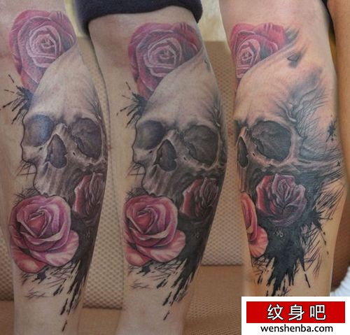 骷髅纹身腿部彩色骷髅玫瑰纹身