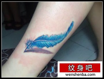 羽毛纹身腿部彩色羽毛纹身