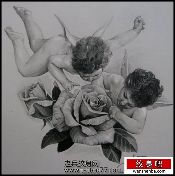 小天使丘比特玫瑰花纹身
