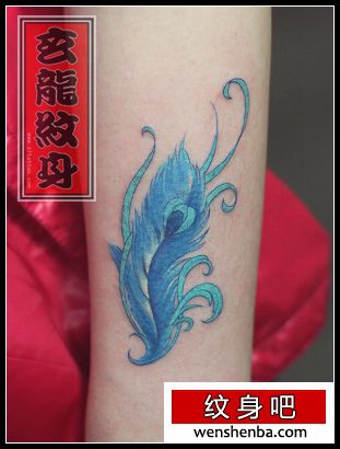 女人腿部彩色孔雀羽毛纹身