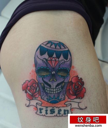 腿部欧美风格骷髅玫瑰花纹身