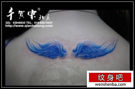 女人背部彩色小翅膀纹身