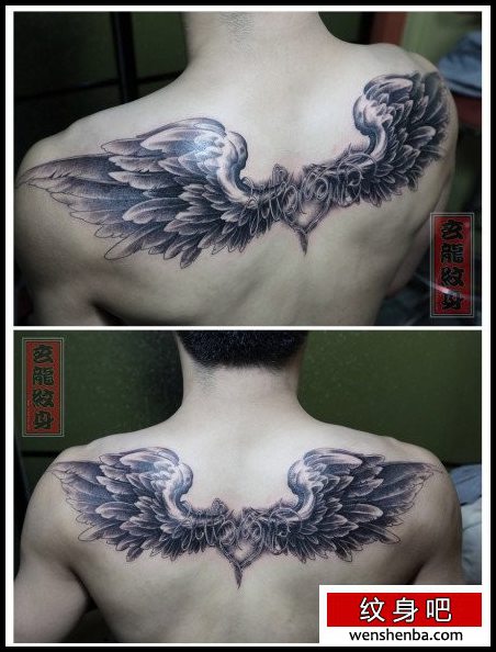 男性背部时髦权威的翅膀纹身