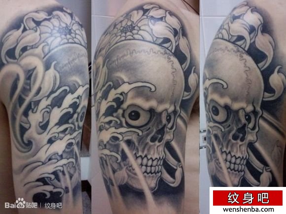 男性手臂帅气的黑白骷髅纹身