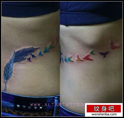 靓女侧腰漂亮精致的彩色羽毛与小鸟纹身