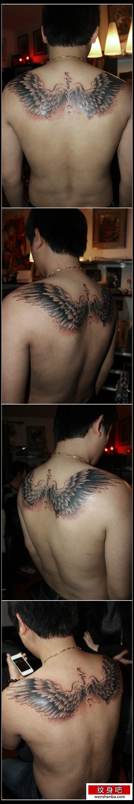 男性后背时髦权威的守护天使翅膀纹身