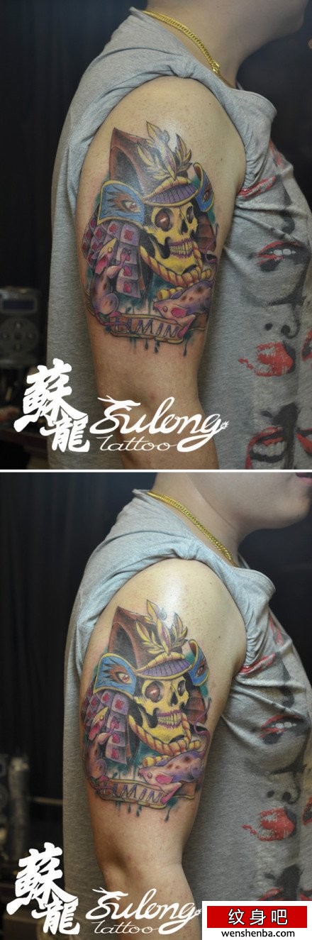 男性手臂权威超酷的彩色骷髅纹身