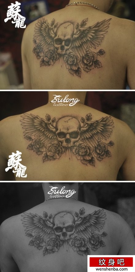 男性后背超酷权威的骷髅翅膀纹身