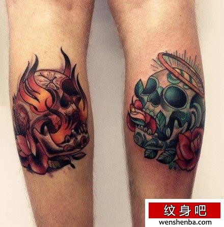 腿部漂亮个性的情侣欧美骷髅纹身