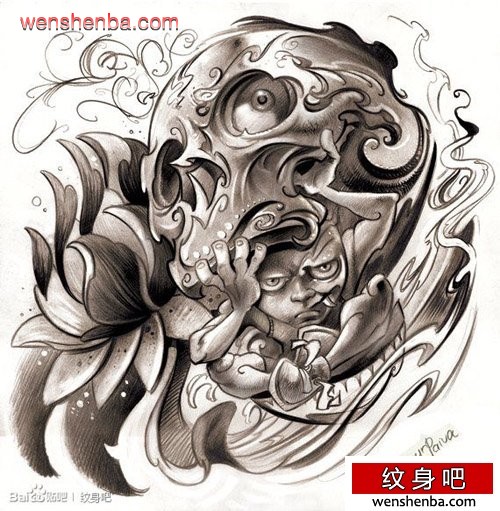 一张权威个性的欧美骷髅纹身手稿
