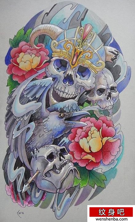 帅气超酷的骷髅与乌鸦纹身手稿
