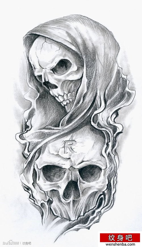 前卫权威的黑灰死神与骷髅纹身手稿