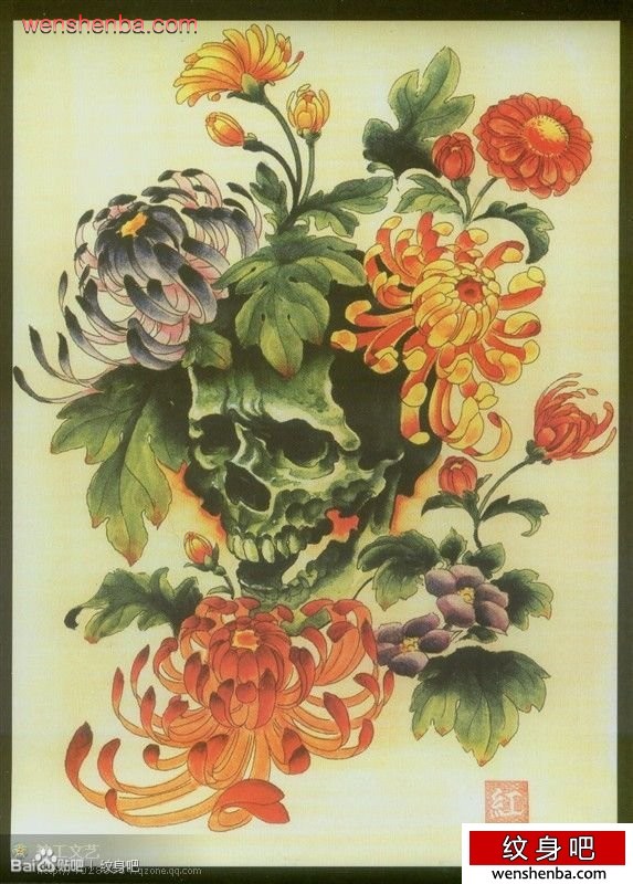 一张漂亮个性的彩色骷髅与菊花纹身