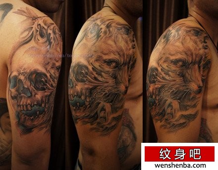 手臂权威个性的一张骷髅与狐狸纹身
