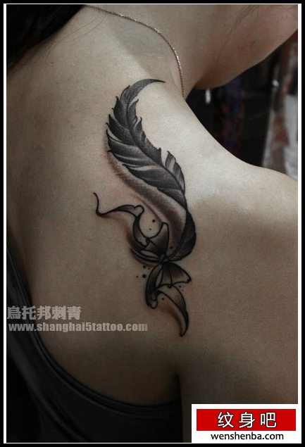 女人肩背漂亮的黑灰羽毛纹身