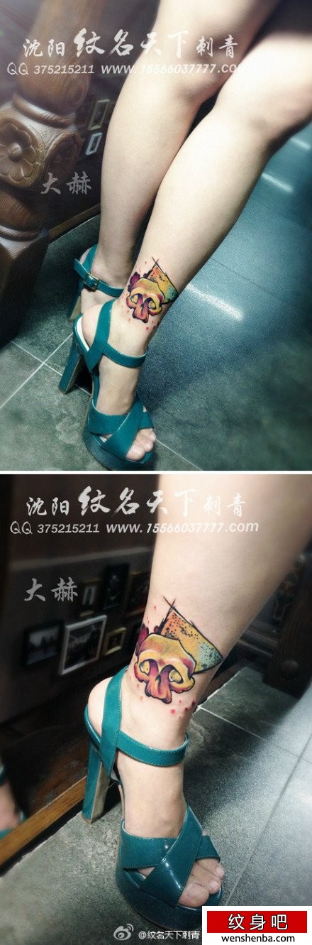 女人小腿个性可爱的彩色小骷髅纹身