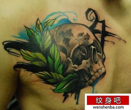 男性前胸时髦权威的欧美素描骷髅纹身