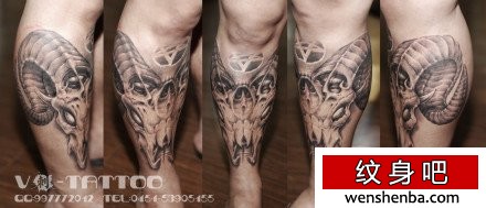 男性腿部一张权威个性的羊头骷髅纹身