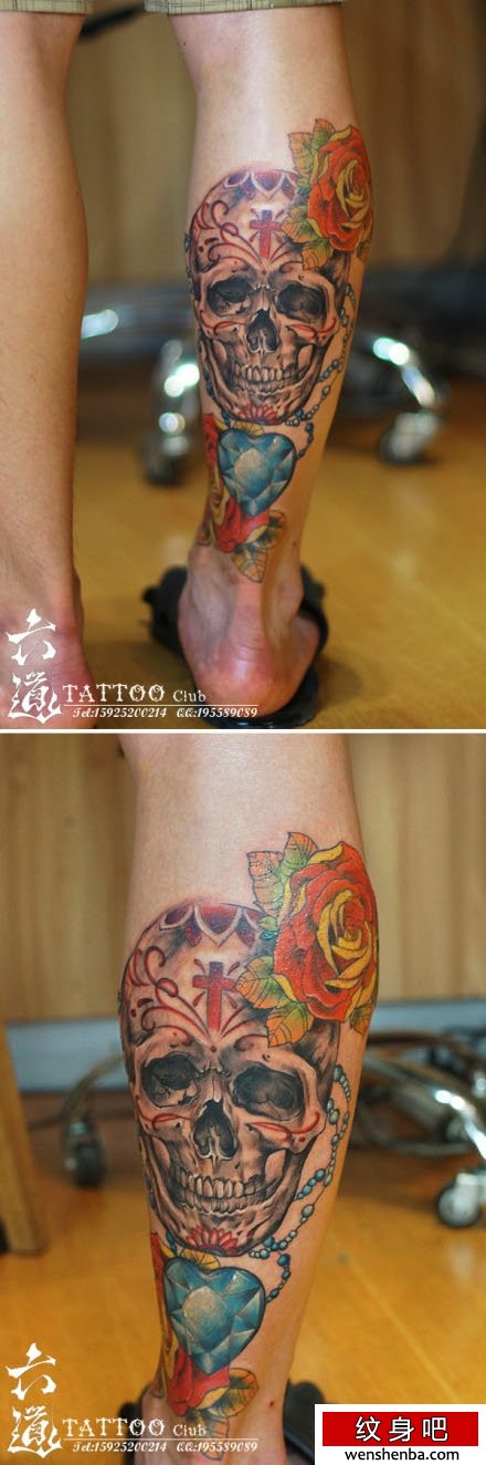 腿部个性权威的欧美骷髅玫瑰花纹身