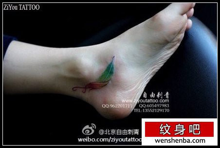 女人脚踝处可爱时髦的彩色羽毛纹身