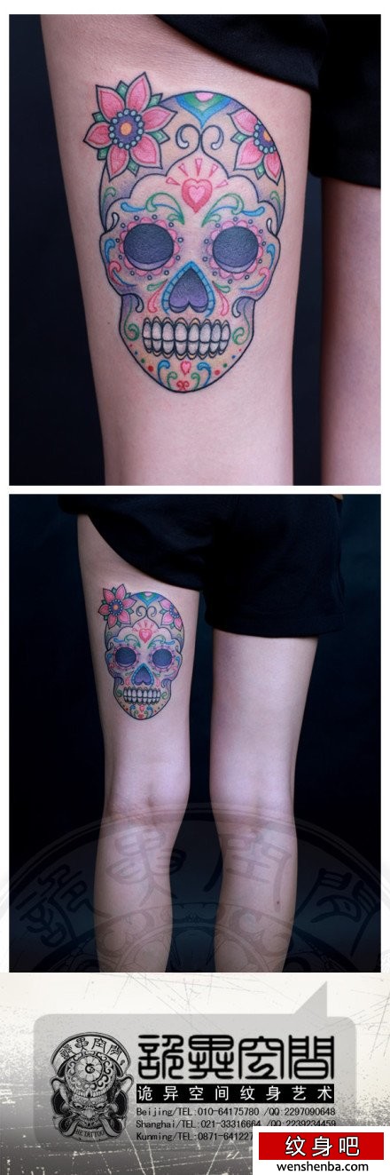 女人腿部漂亮的彩色骷髅纹身