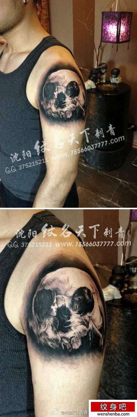 男性手臂一张写实个性的黑灰骷髅纹身