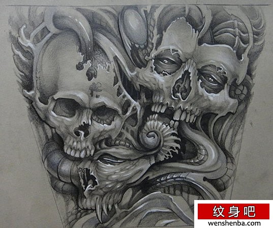 超酷帅气的一张满背骷髅纹身手稿