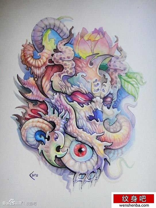 一张时髦权威的欧美彩色骷髅纹身
