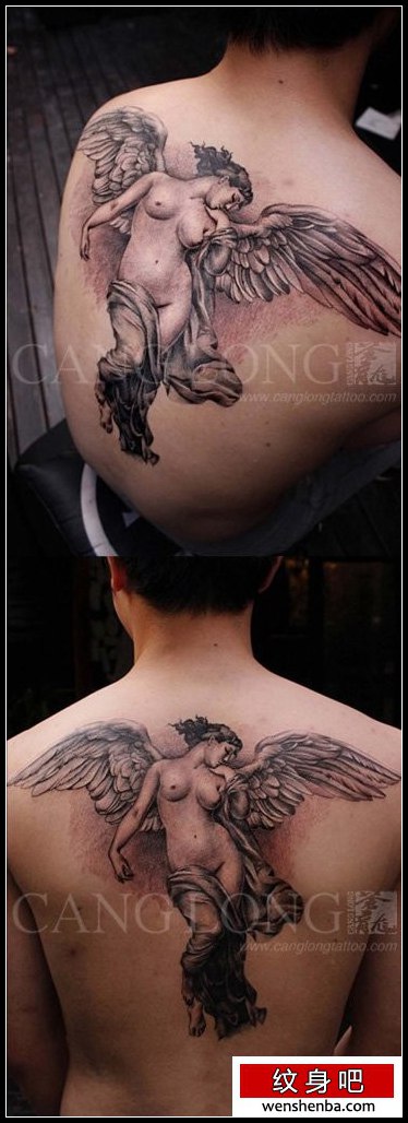 男性后背个性权威的黑灰天使纹身